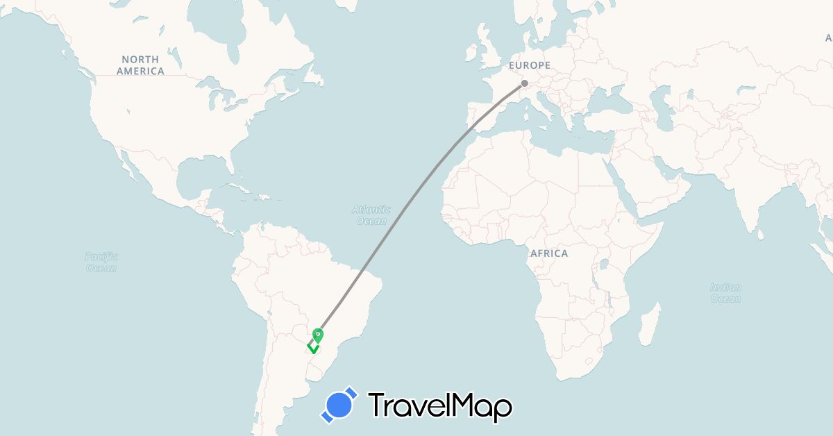 TravelMap itinerary: bus, plane, hiking in Switzerland, Paraguay (Europe, South America)
